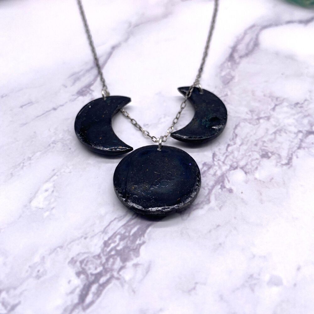 Black and Gold Moon Phase Celestial Sterling Silver Necklace - Picture 9 of 9